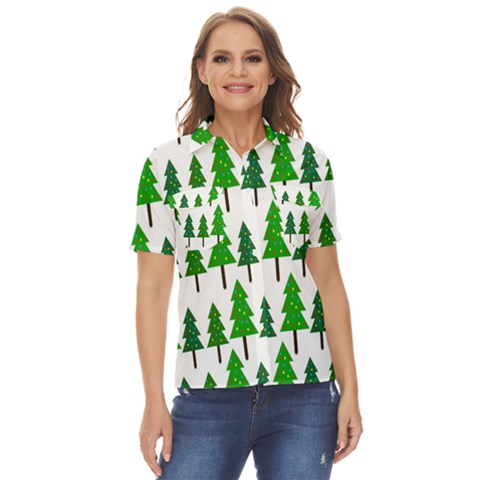 Chrismas Tree Greeen Women s Short Sleeve Double Pocket Shirt by nateshop