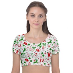 Christmas-seamless-green  Velvet Short Sleeve Crop Top  by nateshop