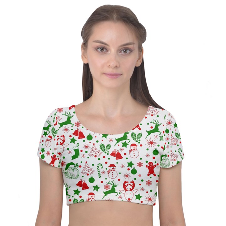 Christmas-seamless-green  Velvet Short Sleeve Crop Top 