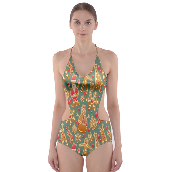 Pattern-santa Cut-Out One Piece Swimsuit