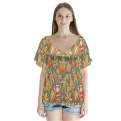 Pattern-santa V-neck Flutter Sleeve Top by nateshop