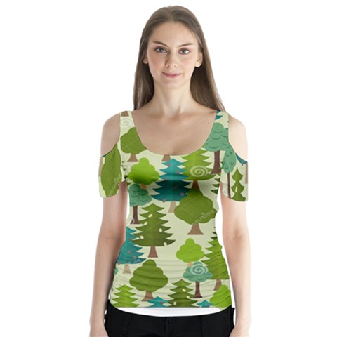 Seamless-forest-pattern-cartoon-tree Butterfly Sleeve Cutout Tee  by nateshop