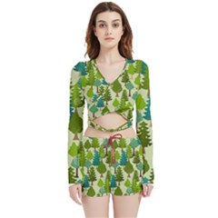 Seamless-forest-pattern-cartoon-tree Velvet Wrap Crop Top And Shorts Set by nateshop