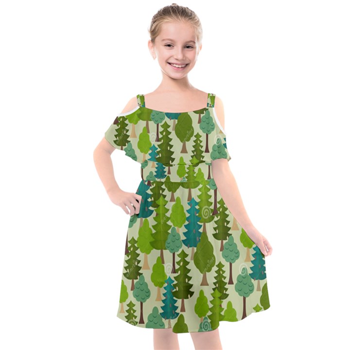 Seamless-forest-pattern-cartoon-tree Kids  Cut Out Shoulders Chiffon Dress