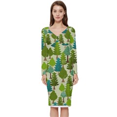 Seamless-forest-pattern-cartoon-tree Long Sleeve V-neck Bodycon Dress  by nateshop