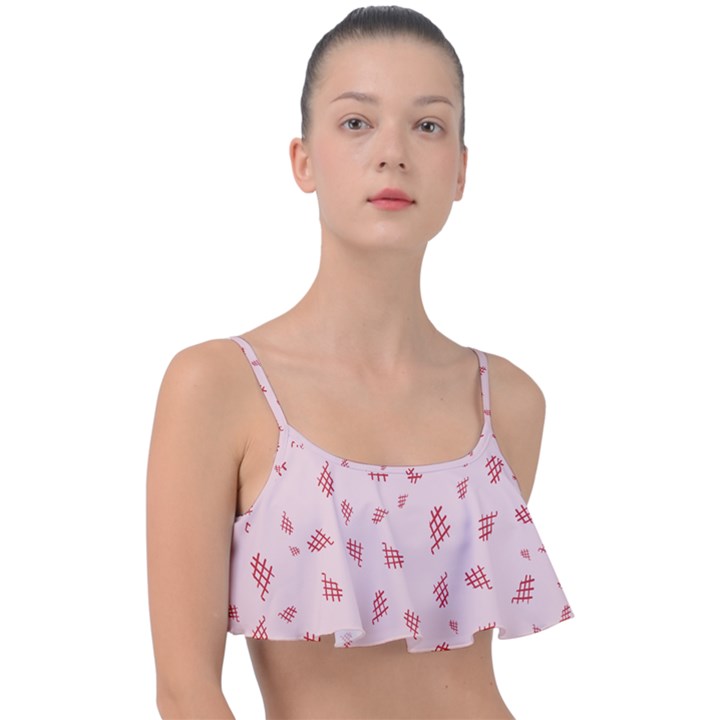 Grid Pattern Red Background Frill Bikini Top