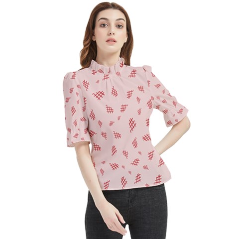 Grid Pattern Red Background Frill Neck Blouse by Ravend