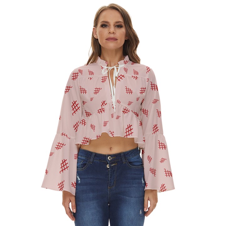 Grid Pattern Red Background Boho Long Bell Sleeve Top