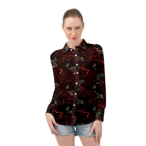 Geometric Pattern Recycle Bin Long Sleeve Chiffon Shirt by Ravend