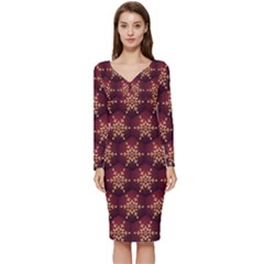 Background Pattern Icon Design Long Sleeve V-neck Bodycon Dress 