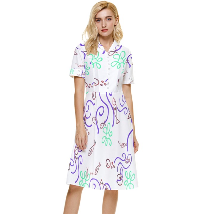 Background Pattern Wallpaper Fish Button Top Knee Length Dress