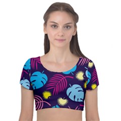 Leaves Patternwallpaper Foliage Velvet Short Sleeve Crop Top  by Ravend