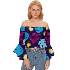 Leaves Patternwallpaper Foliage Off Shoulder Flutter Bell Sleeve Top by Ravend