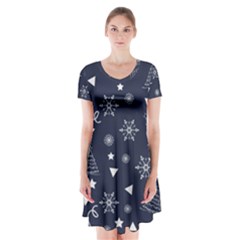 Tree Christmas Xmas Snow Short Sleeve V-neck Flare Dress