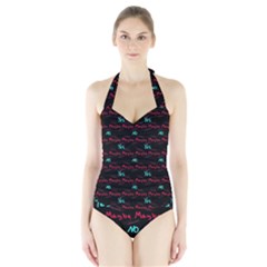 Doodle Lettering Background Halter Swimsuit by Ravend