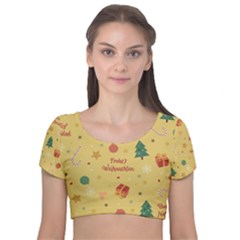 Christmas Treecandy Cane Snowflake Velvet Short Sleeve Crop Top  by Ravend