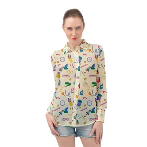 Pattern School Bag Pencil Triangle Long Sleeve Chiffon Shirt by Ravend