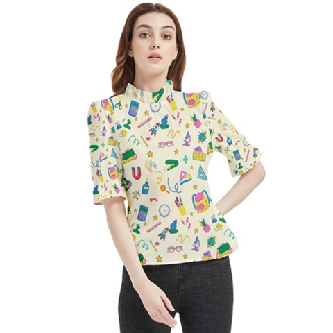 Pattern School Bag Pencil Triangle Frill Neck Blouse by Ravend