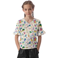 Pattern School Bag Pencil Triangle Kids  V-neck Horn Sleeve Blouse by Ravend