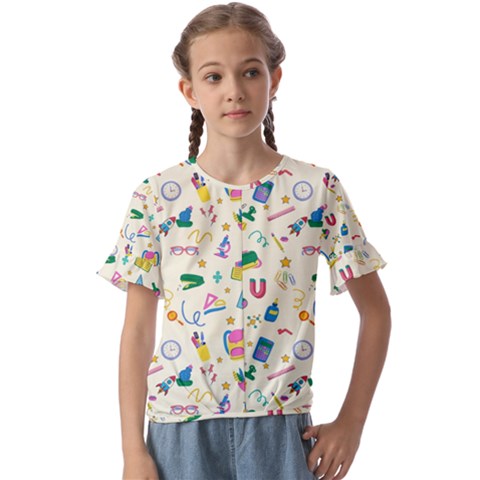 Pattern School Bag Pencil Triangle Kids  Cuff Sleeve Scrunch Bottom Tee by Ravend