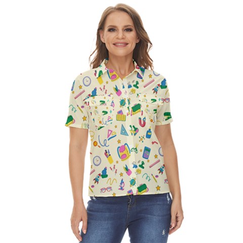 Pattern School Bag Pencil Triangle Women s Short Sleeve Double Pocket Shirt by Ravend