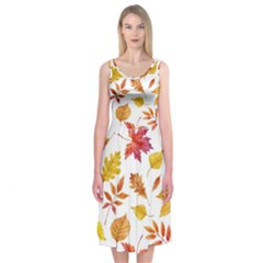 Watercolor-autumn-leaves-pattern-vector Midi Sleeveless Dress by nateshop