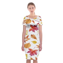 Watercolor-autumn-leaves-pattern-vector Classic Short Sleeve Midi Dress by nateshop