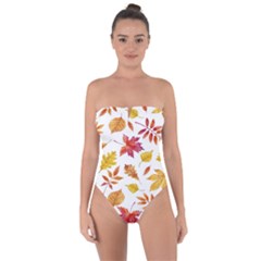 Watercolor-autumn-leaves-pattern-vector Tie Back One Piece Swimsuit by nateshop