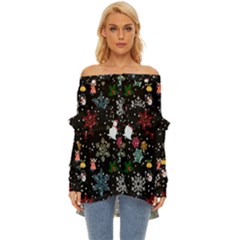 Christmas Thanksgiving Pattern Off Shoulder Chiffon Pocket Shirt by Ravend