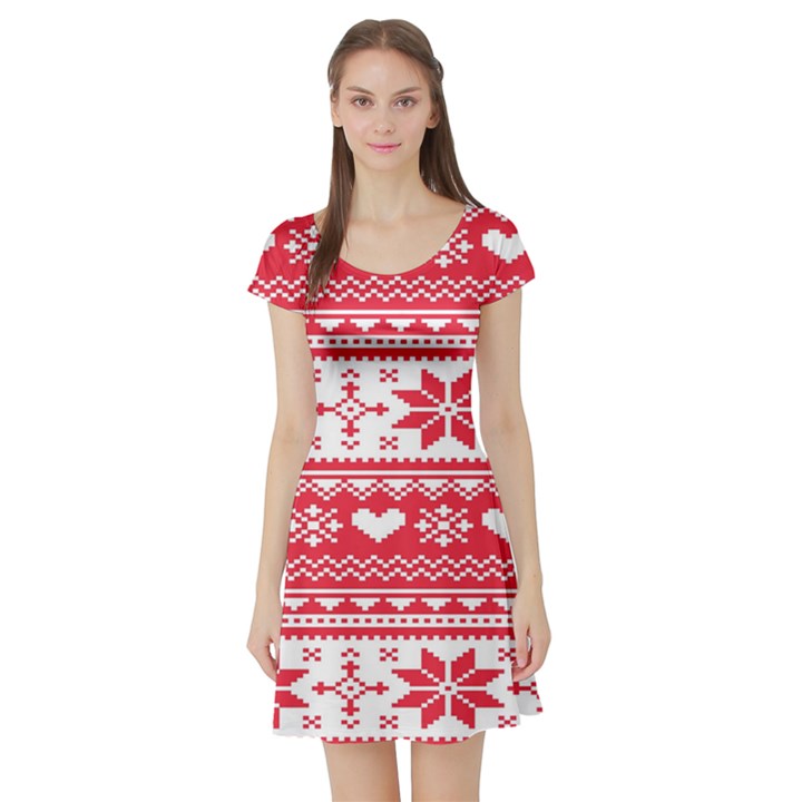 Nordic-seamless-knitted-christmas-pattern-vector Short Sleeve Skater Dress