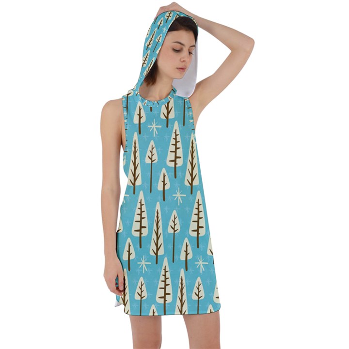 Vector-white-cartoon-trees-pattern Racer Back Hoodie Dress