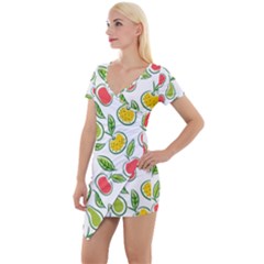 Fruit Fruits Food Illustration Background Pattern Short Sleeve Asymmetric Mini Dress by Ravend