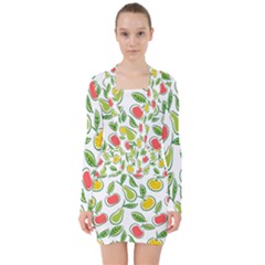 Fruit Fruits Food Illustration Background Pattern V-neck Bodycon Long Sleeve Dress by Ravend