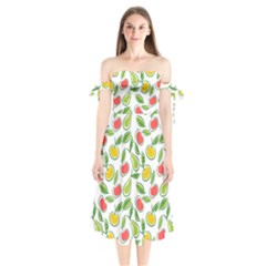 Fruit Fruits Food Illustration Background Pattern Shoulder Tie Bardot Midi Dress by Ravend