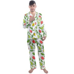 Fruit Fruits Food Illustration Background Pattern Men s Long Sleeve Satin Pajamas Set by Ravend