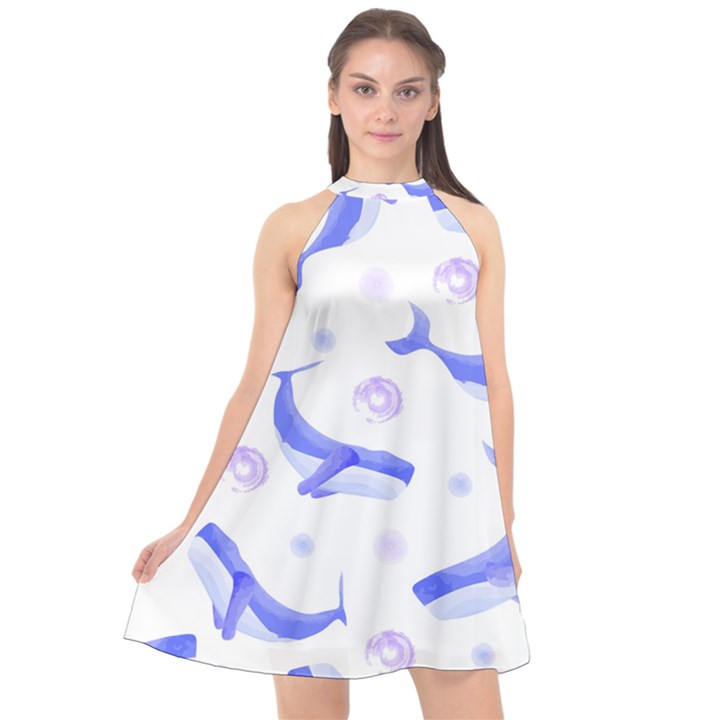 Whale Fish Sea Pattern Mammal Ocean Halter Neckline Chiffon Dress 