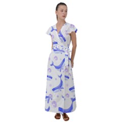 Whale Fish Sea Pattern Mammal Ocean Flutter Sleeve Maxi Dress by Ravend