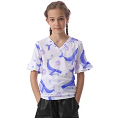 Whale Fish Sea Pattern Mammal Ocean Kids  V-neck Horn Sleeve Blouse by Ravend