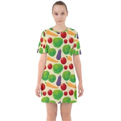 Food Illustration Pattern Texture Sixties Short Sleeve Mini Dress by Ravend