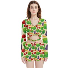 Food Illustration Pattern Texture Velvet Wrap Crop Top And Shorts Set by Ravend