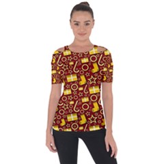 Pattern Paper Fabric Wrapping Shoulder Cut Out Short Sleeve Top by Ravend