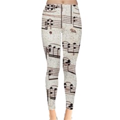 Vintage Beige Music Paper Background Design Leggings  by Ravend