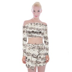 Vintage Beige Music Paper Background Design Off Shoulder Top With Mini Skirt Set by Ravend