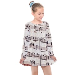 Vintage Beige Music Paper Background Design Kids  Long Sleeve Dress by Ravend