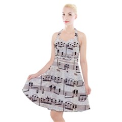 Vintage Beige Music Paper Background Design Halter Party Swing Dress  by Ravend