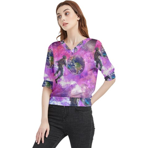 Astronaut Earth Space Planet Fantasy Quarter Sleeve Blouse by Ravend