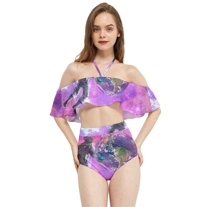 Astronaut Earth Space Planet Fantasy Halter Flowy Bikini Set 