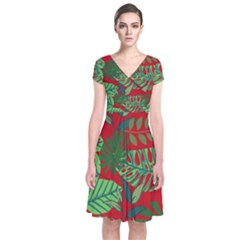 Leaves Pattern Red Green Nature Short Sleeve Front Wrap Dress by Wegoenart