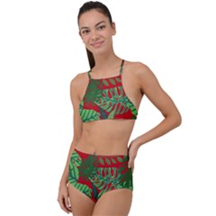 Leaves Pattern Red Green Nature High Waist Tankini Set by Wegoenart