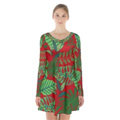 Leaves Pattern Red Green Nature Long Sleeve Velvet V-neck Dress by Wegoenart